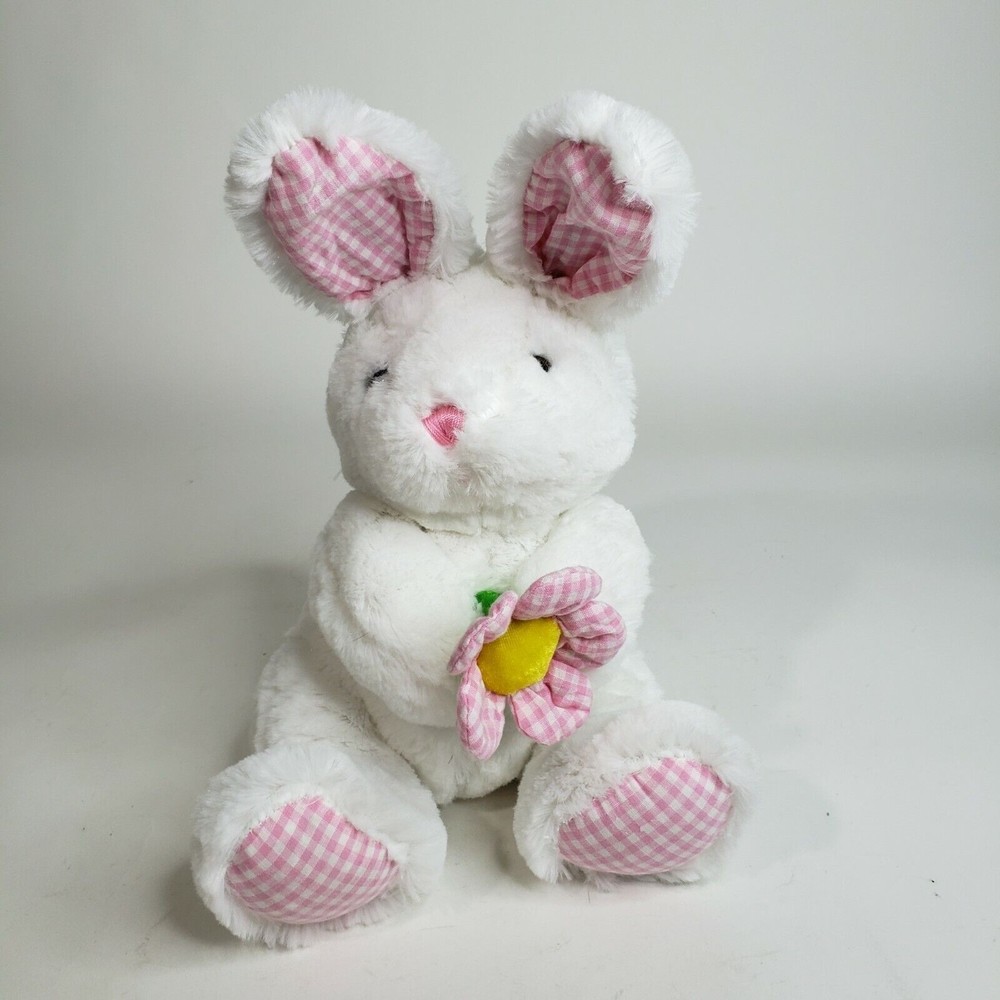 New Concepts Plush White Easter Bunny Rabbit Pink Gingham Flower Clean